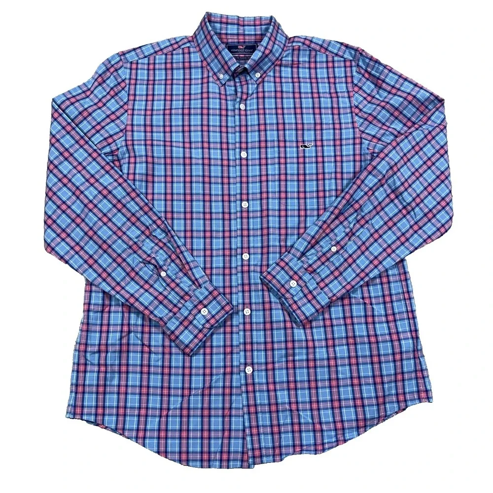 Vineyard Vines Shirt Men Medium Blue Pink Plaid Slim Fit Tucker Button Up Preppy - Picture 2 of 9